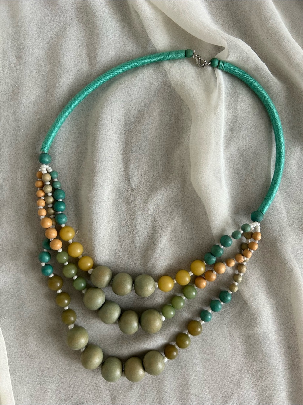 VTG Boho Multi Strand Wooden Bead Statement Necklace Green Earth Tones